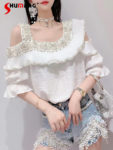 Female 2022 Summer New Korean Style Sweet Beads Rhinestone Blouses Women Fashion Fairy Ruffled Stitching Off-Shoulder Shirt Top 2