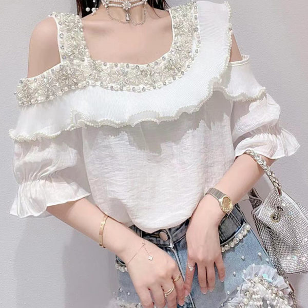 Female 2022 Summer New Korean Style Sweet Beads Rhinestone Blouses Women Fashion Fairy Ruffled Stitching Off-Shoulder Shirt Top 2