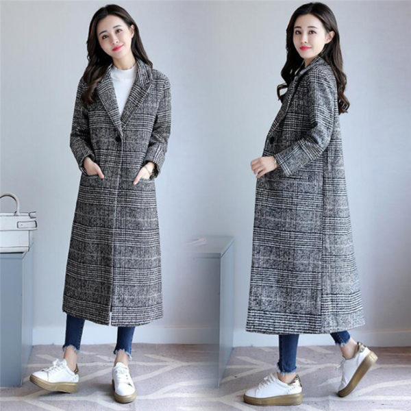 2022 Spring Autumn Women's Plaid Coat New Fashion Long Woolen Coat Slim Type Female Winter Polyester Jackets Female 1