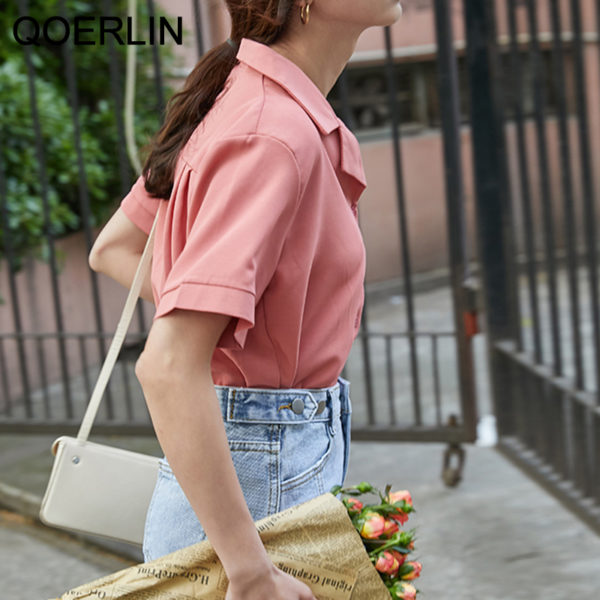 QOERLIN Summer Korean Chic Loose Temperament Short Sleeve White Chiffon Shirt Women's Solid Peter Pan Collar Single Breasted Top 2