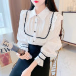 Korean Casual All-Match White Blouse Women2021 Spring New Lapel Ruffle Sweet Fashion Trumpet Sleeve Elegant Style Blouses Autumn 2