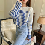 Blue Striped Stitching Sweater Women's Spring and Autumn 2022 New Loose Knitted Round Neck Long-sleeved Pullover Top Female 3