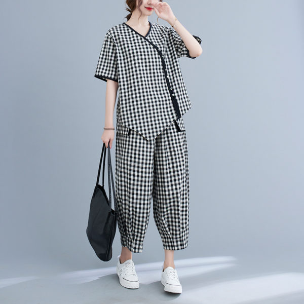 2022 New Cotton Linen Print Plaid Vintage Women Clothes Sets Loose Tops Blouse Wide Leg Pants 2pcs Summer Casual Sets Suits 1