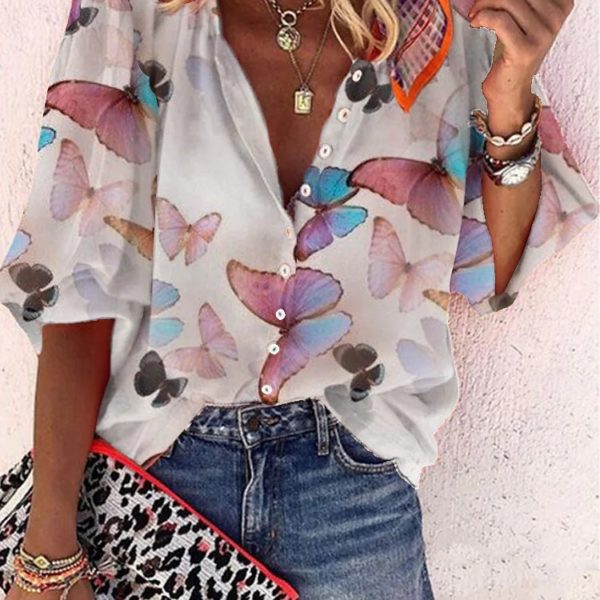 Women's Butterfly Graphic Theme Blouse Shirt Button Pretty Print TShirt Collar Casual Streetwear Top insect Pattern Long Sleeves 2