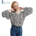 Plus Size Women Zebra Print Striped Blouse Spring Summer Long Sleeve Loose Lace-up V Neck Shirt European American Women's wear 1