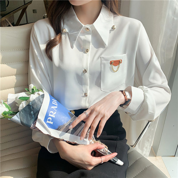 Solid Turn Down Collar Ladies Tops Women Shirts Blusas Feminine Spring 2021 New White long-sleeved Chiffon Shirt Women Top 692H 2