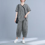 2022 New Cotton Linen Print Plaid Vintage Women Clothes Sets Loose Tops Blouse Wide Leg Pants 2pcs Summer Casual Sets Suits 5