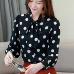 Spring Autumn Long Sleeve Bow Collar Women Blouse Office Lady Polka Dot Chiffon Casual Shirts 2022 New Blusas Mujer De Moda 1