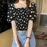 Summer Sweet Style Ladies Trendy Mesh Blouse Short Puff Sleeve Off Shoulder Square Collar Daisy Print Fitting Sexy Cropped Shirt 5