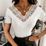 Lace Hollow Out Shirts Women Solid Short Sleeve Slim Sexy Casual Blouse Tops Chemisier Femme Women Blouses Camisa Blanca Mujer 1