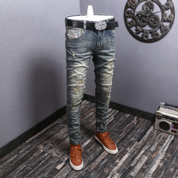 Streetwear Fashion Men Jeans Embroidery Designer Retro Blue Elastic Slim Fit Ripped Jeans Men Vintage Casual Denim Pants Hombre 1