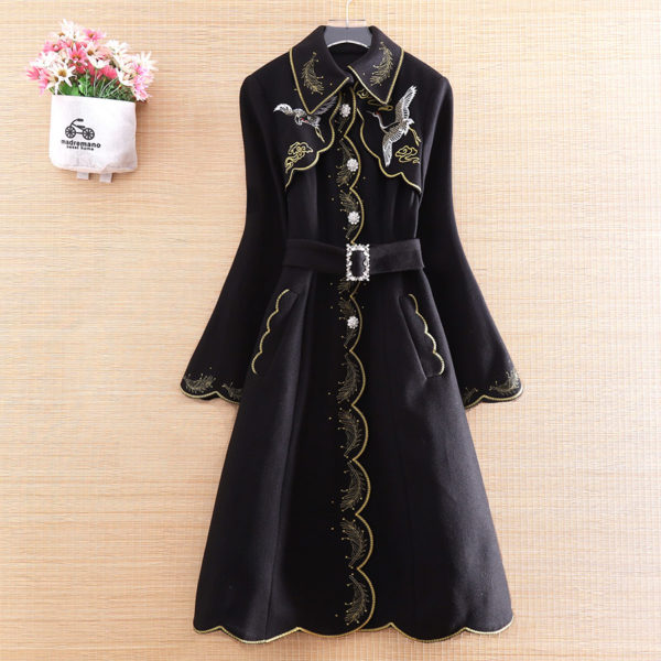 Wool coat 2022 heavy industry embroidery lace up slim temperament wool coat 2