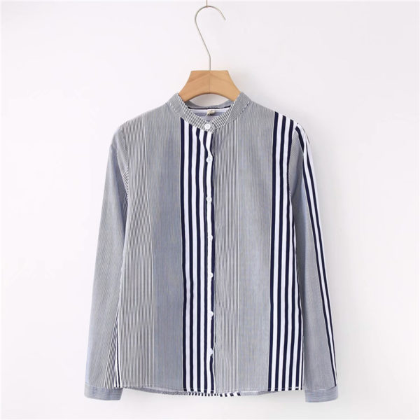 LUNDUNSHIJIA Blue Stand Collar Irregular Stripes Shirts Women Top Blouses 2021 Spring Long Sleeve Ladies Casual Female Blusas 2