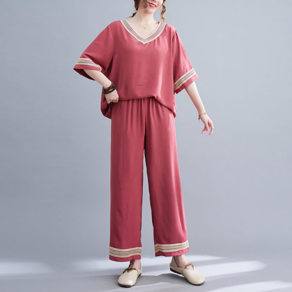 2022 New Soft Cotton Linen Patchwork Hollow Out Chic Fashion T Shirts Wide Leg Pants 2pcs Women Summer Clothes Sets Casul Sets 1