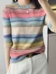 100% Pure Wool Sweater Women Fashion O-neck Rainbow Stripe Pullover Spring Summer Half-sleeve Warm Knit Tops Female Jacket 3