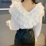 Spring Autumn Sweet Fashion Blouses Women Elegant Beading V-Neck Lace Ruffles Fairy Tops Female Lolita Style Chiffon Shirts 6