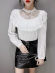 Lace Blouse Women Korean Elegant Style Shirt Female Spring 2021 New Mesh Splicing Ruffled Sweet Temperament Tops White Autumn 4