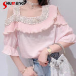 Female 2022 Summer New Korean Style Sweet Beads Rhinestone Blouses Women Fashion Fairy Ruffled Stitching Off-Shoulder Shirt Top 1