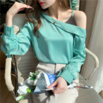 2021 Spring New Sexy off-the-shoulder Collar diamond Splicing Solid Ladies Tops Chiffon Women Shirts Blusas Feminine shirt 692i 2