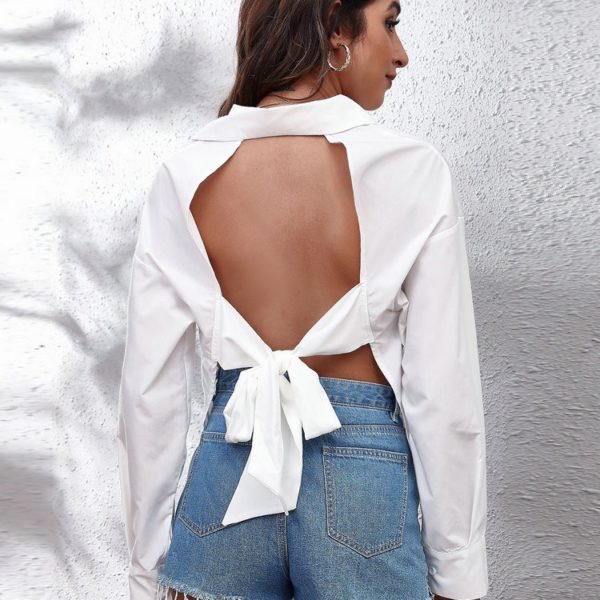 Solid Long Sleeve Front Button Back Cutout Tie Knot Cotton Blouse Women Turn-down Collar Single Breasted Summer Casual Shirts 2