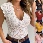 Lace Blouses Shirts Sexy Club Female Acrylic Shirts Deep V Summer Fashon Tops Lace Sexy V Neck Sleeveless Fashon Top 1