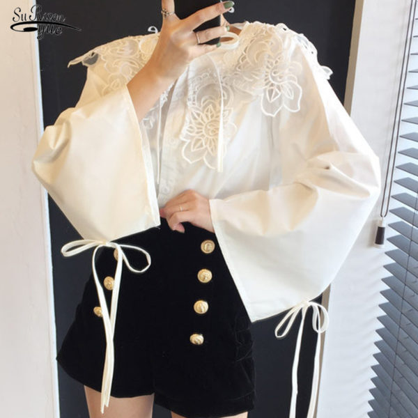 White Blouse Casual Loose Tops Lapel Plus Size Butterfly Sleeve Bow Shirt Fashion Asymmetrical Hem Shirts Women Appliques 13107 1