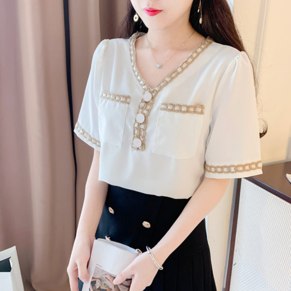 Temperament V-Neck Short-Sleeved Blouse Women 2021 Summer New Korean Simple Style Design Chic Button Casual Tops Ladies Shirt 2