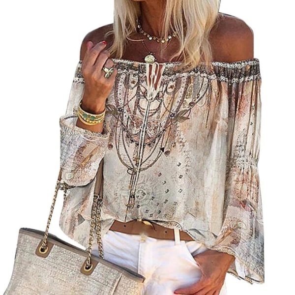 Women Chiffon Blouse Long Sleeve Off Shoulder Floral Print Hollow Out Lace Up Tops Shirts Female Blouses Sexy Casual Tops 1