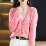 100% Cashmere Wool Sweater Solid Color Hollow Knit Summer New Long Sleeve Ladies V-Neck Sweater Thin Coat Cardigan 4 colors 2