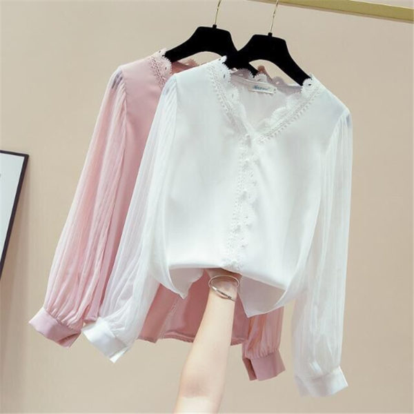 YTNMYOP Sweet Spring Blouse Women Loose Fashion Chiffon V-neck Lady Short Long Sleeve Clothing For Girls Pink White Colors 2