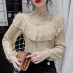 Lace Blouse Women Korean Elegant Style Shirt Female Spring 2021 New Mesh Splicing Ruffled Sweet Temperament Tops White Autumn 3