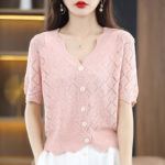 Ice silk cardigan women's lace V-neck knitted tops 2022 spring and summer casual wispy short women's jacket solid color coat 3