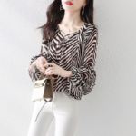 2022 Spring and Autumn New Women's Zebra Print Shirt Temperament Lantern Sleeve V-neck Lace Top Blouse Female All-match 3