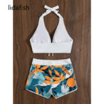 lidafish 2022 New Boxer Pants Bikinis Set Leaves Print Swimwear Women Two Pieces Swimsuit Biquini Summer Bathing Suit 5