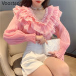 Spring Autumn Sweet Fashion Blouses Women Elegant Beading V-Neck Lace Ruffles Fairy Tops Female Lolita Style Chiffon Shirts 2