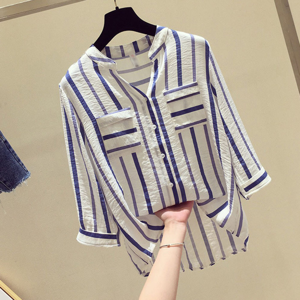 Striped Shirts Women Ladies Tops Half Sleeve V-neck Loose Top Button Shirts Blouses Blusas De Mujer Blouse Women Camisa Femenina 3