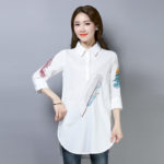 Spring Women Three Quarter Sleeve Midi Long Blouse Feathers Embroidery Shirt Female Casual White Blouses Tops Plus Size 4XL 2063 3