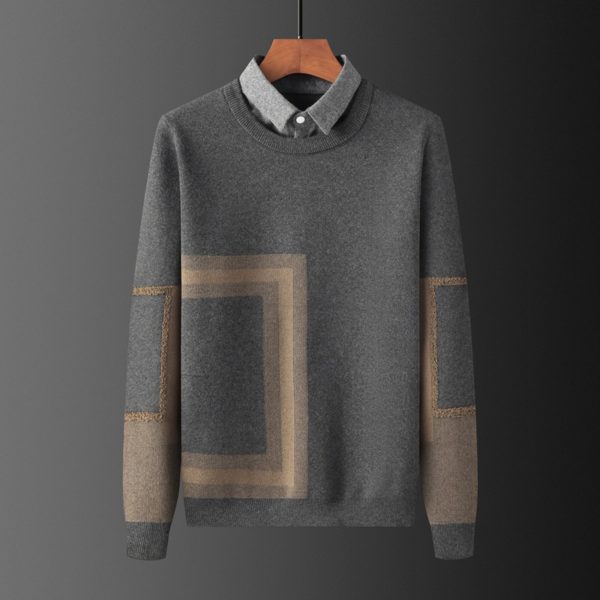 Men Mock Two-Piece Fleece Sweater Winter Thick Knitting Male Geometry Pattern Lapel Long Sleeve Trendy Pullover Knitwear 2