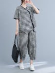 2022 New Cotton Linen Print Plaid Vintage Women Clothes Sets Loose Tops Blouse Wide Leg Pants 2pcs Summer Casual Sets Suits 3