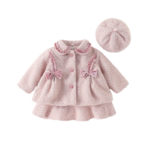 Winter Baby Girls Sweet Dress Three-piece Suit Plus Velvet Thick Bow Coat + Princess Dress+Hat Sets Kids 1