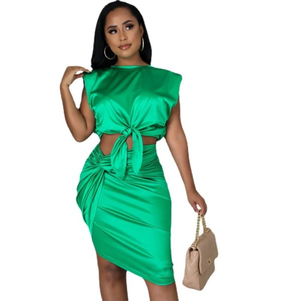 Echoine Summer Green Silk Hight Quality Sleeveless Tank Top Lace Up Pleated Stacked Skirt Two Piece Set Skinny Skirt Set Outfits 1