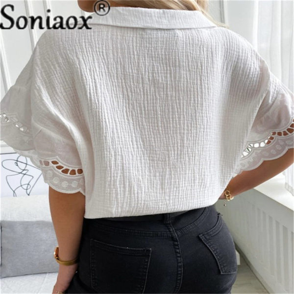 Fashion V-Neck White Lace Patchwork Half Sleeve Womens Blouses 2022 Summer Casual Loose Office Ladies Shirt Tops Femme Blouse 2