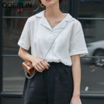 QOERLIN Summer Korean Chic Loose Temperament Short Sleeve White Chiffon Shirt Women's Solid Peter Pan Collar Single Breasted Top 3