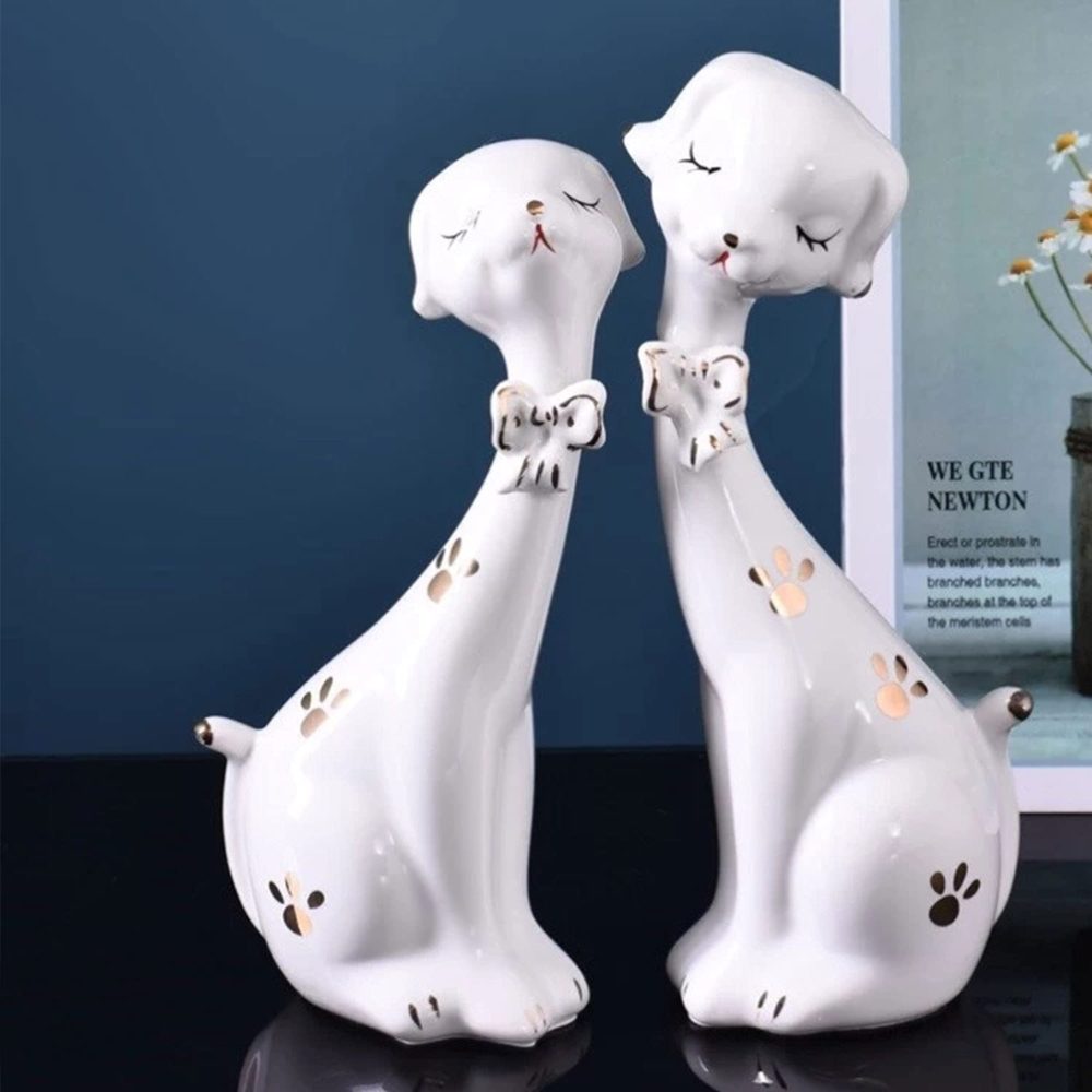 Ceramic Dog Lover Statues (Set of 2) Ceramic Decoration Animal Decor Plum Dog Ornaments for Living Room Bedroom Office Desk 4