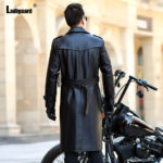 Ladiguard Plus Size Mens Pu Leather Jacket Black Long Overcoats Motorcycle Faux Leather Coats 2021 Single Breasted Top Outerwear 3