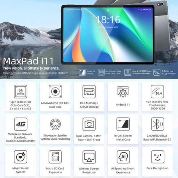 BMAX MaxPad i11 Tablet Android 11 OS UNISOC T618 Octa Core 8GB RAM 128GB ROM 10.4 Inch IPS Capacitive Screen 4G Lte PhoneTablet 2