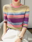 100% Pure Wool Sweater Women Fashion O-neck Rainbow Stripe Pullover Spring Summer Half-sleeve Warm Knit Tops Female Jacket 5