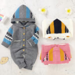 Infant Kids Baby Clothes Rompers Baby Boy Girl Long Sleeve Printing Hooded Knit Jumpsuit Newborn Baby Boy Girl Pocket Rompers 1