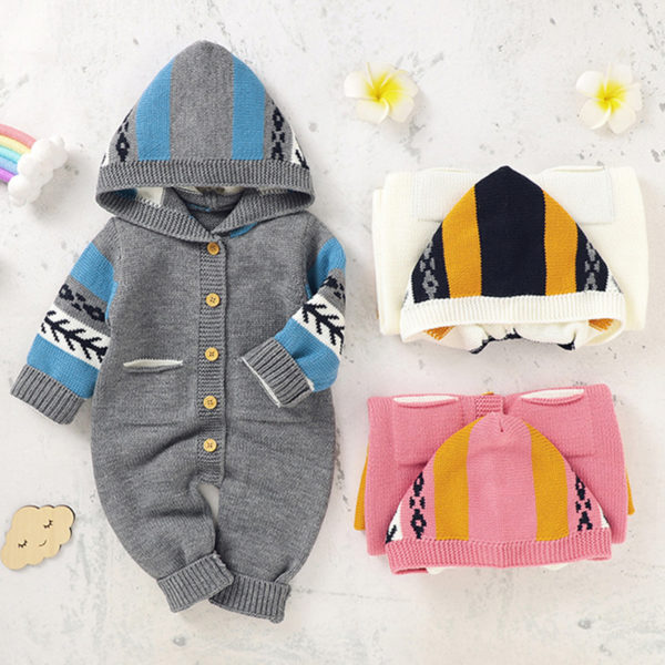 Infant Kids Baby Clothes Rompers Baby Boy Girl Long Sleeve Printing Hooded Knit Jumpsuit Newborn Baby Boy Girl Pocket Rompers 1