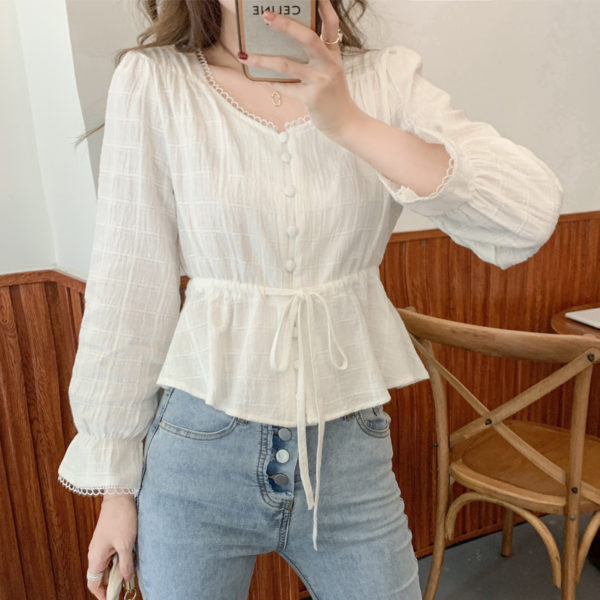 2021 Spring White Shirt Round Neck Flared Sleeve Cotton Blouse with Belt Button Short Style Ruffled Top Womens Tops and Blouses 2